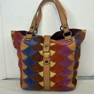 LUCKY BRAND MultiColor Scallop Patchwork Leather Shoulder Boho Tote